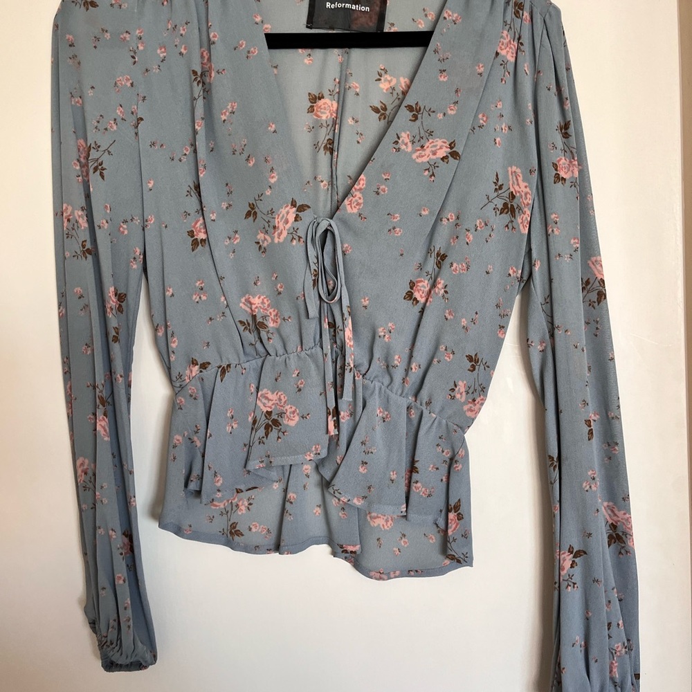 Reformation Blue Tie Front Peplum Blouse